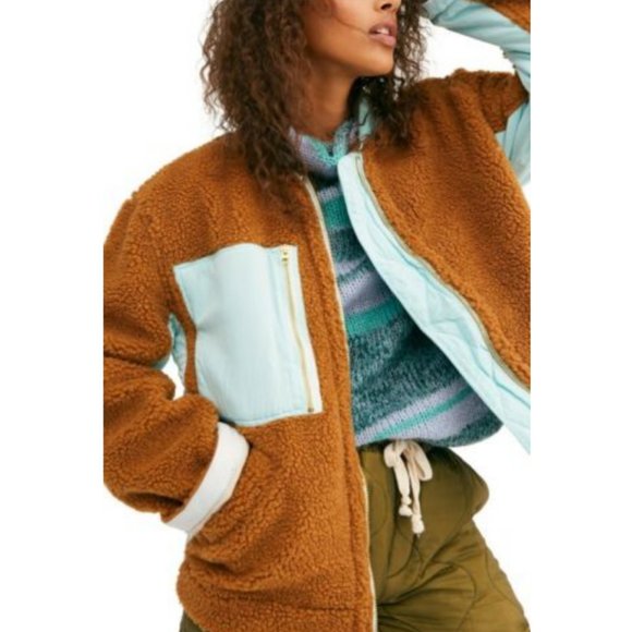 Free People Jackets & Blazers - Free People Rivington Faux Shearling Jacket Sherpa XS Brown Blue teddy bear